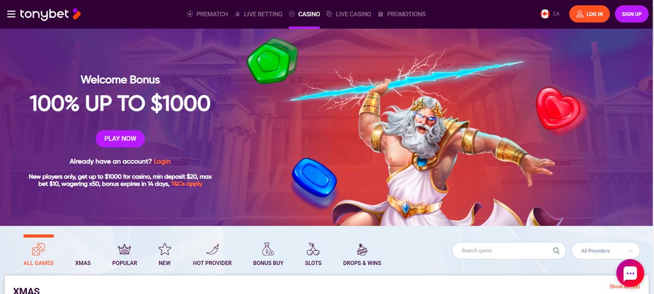 TonyBet casino screen